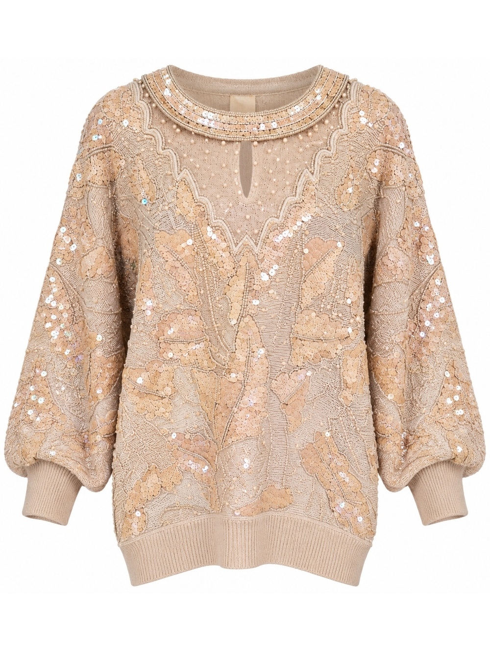 Bonnie Boerer Vintage Champagne Sequin & Pearl Embellished Sweater